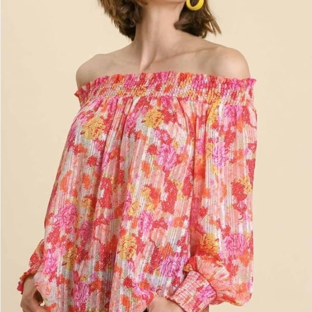 Umgee Pink‎ and Orange Floral Off-Shoulder Blouse
